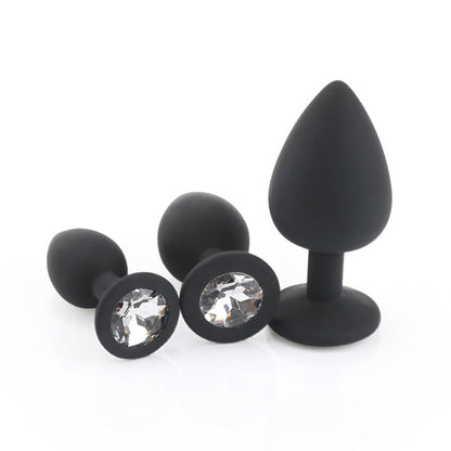 Black Body White Jewelry Multiple Sizes Silicone Anal Plug