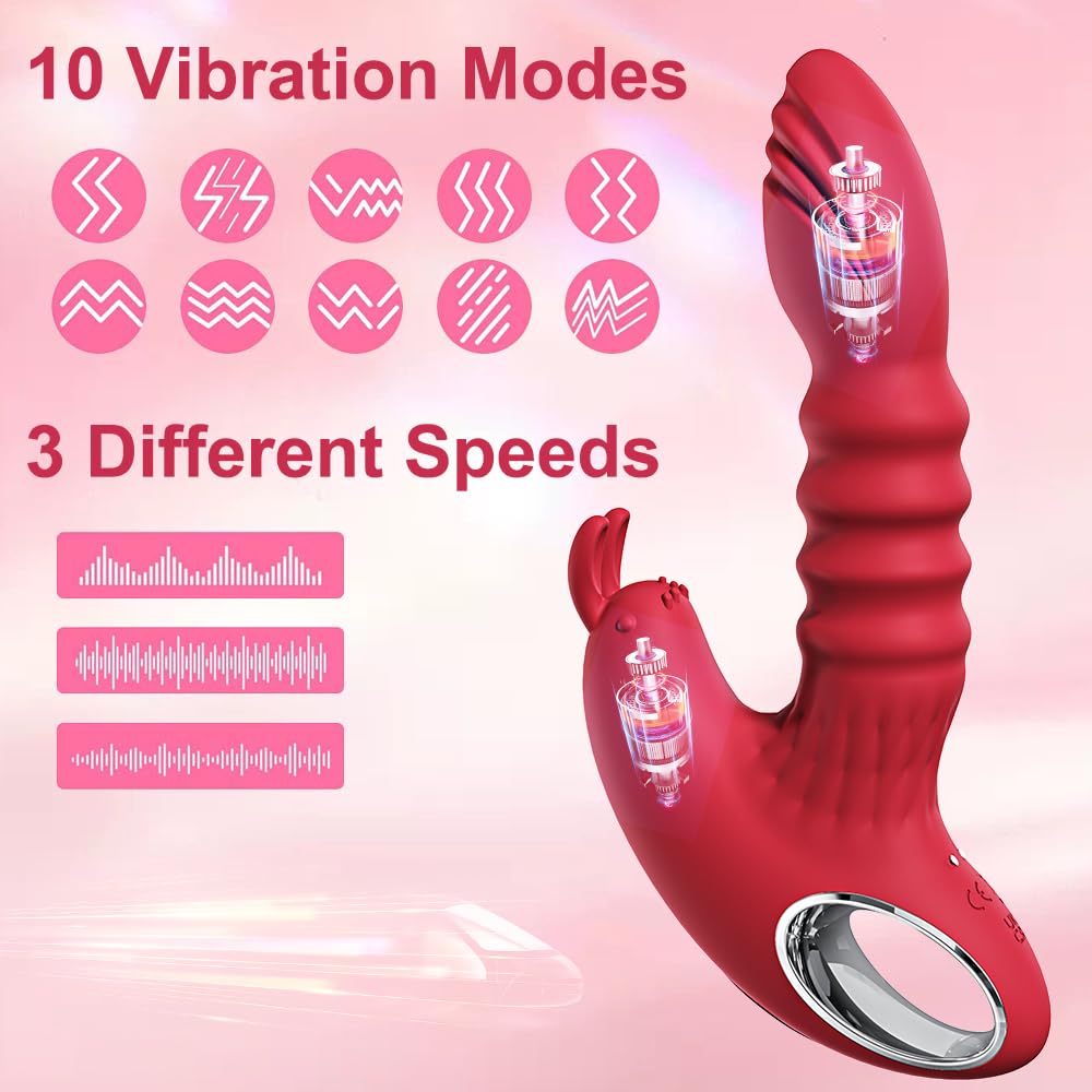Retractable Thrusting Rabbit Ears Stimulating Dildo Vibrator