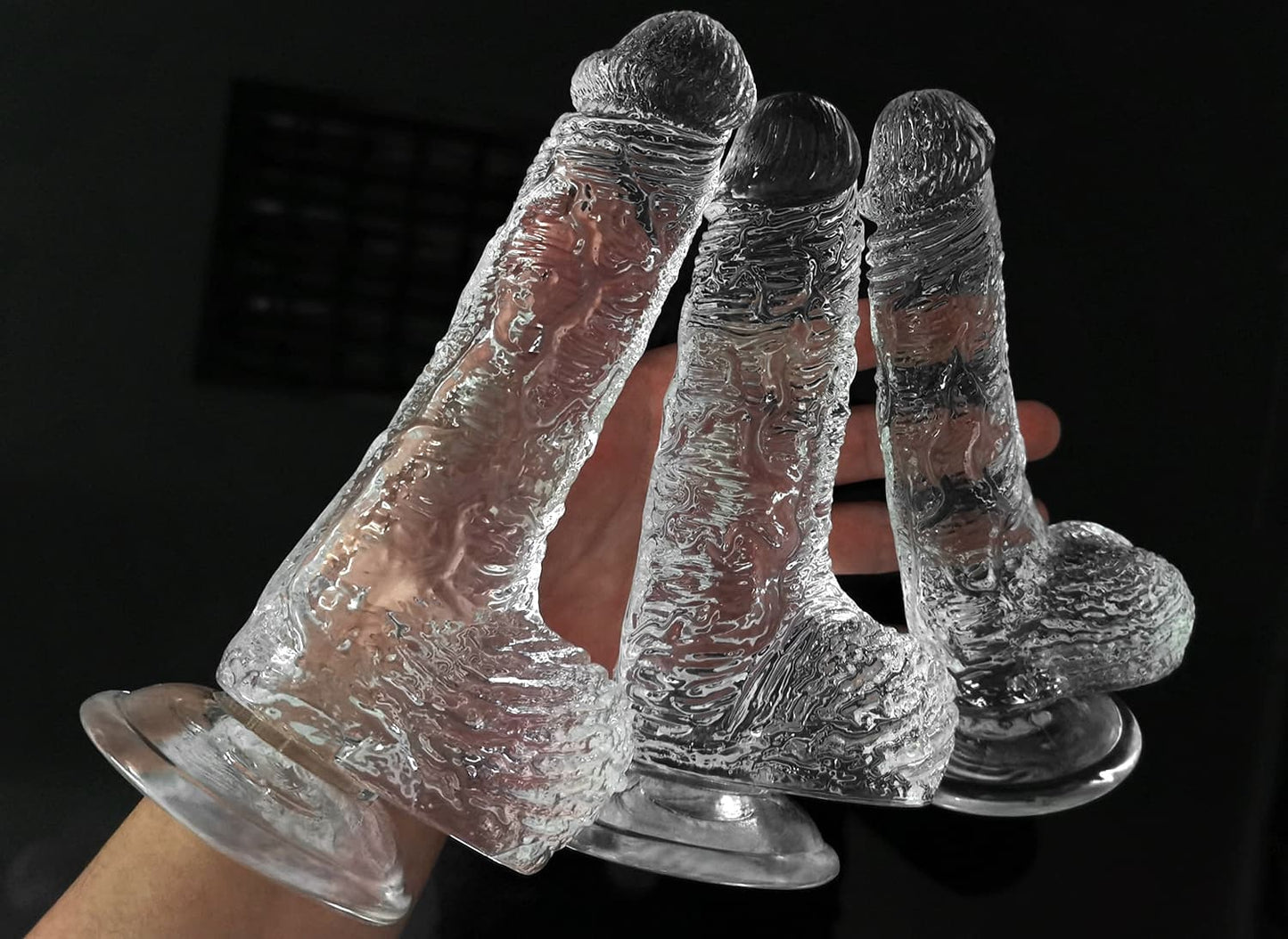 Realistic Molding Transparent Scrotum Dildo With Suction Stand