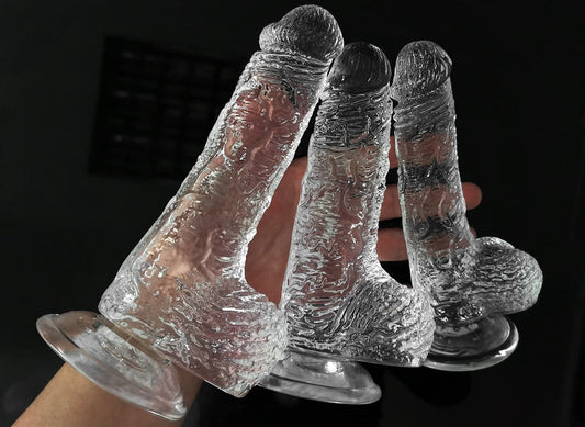 Realistic Molding Transparent Scrotum Dildo With Suction Stand